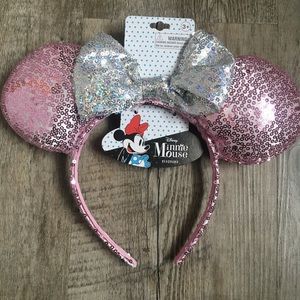 Disney Minnie Mouse Ears Pink Silver Bow Headband